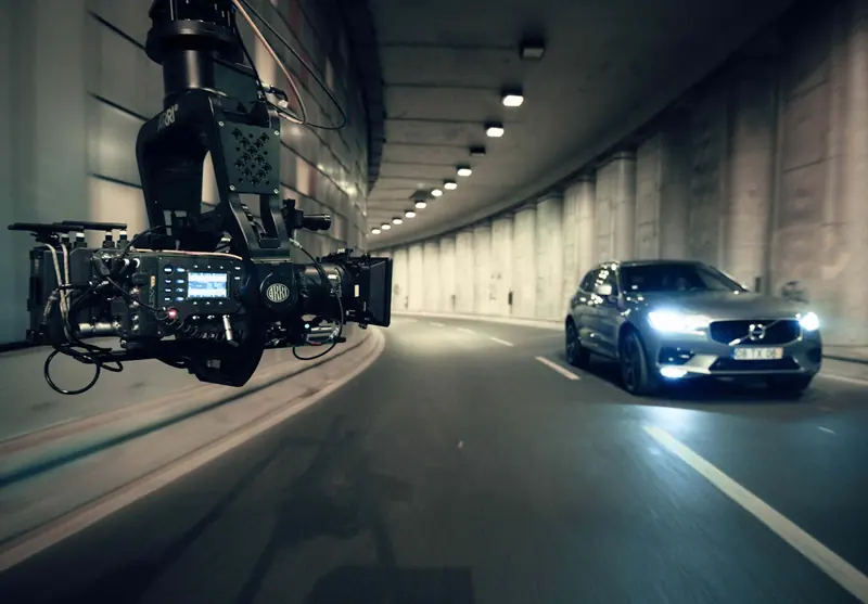 ARRI SRH-3 stabilized remote head with a cinema camera filming a car in a tunnel